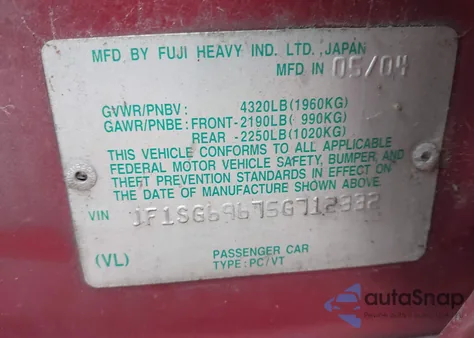 2005 Subaru Forester 2.5Xt from USA, damaged, VIN JF1SG69675G712332